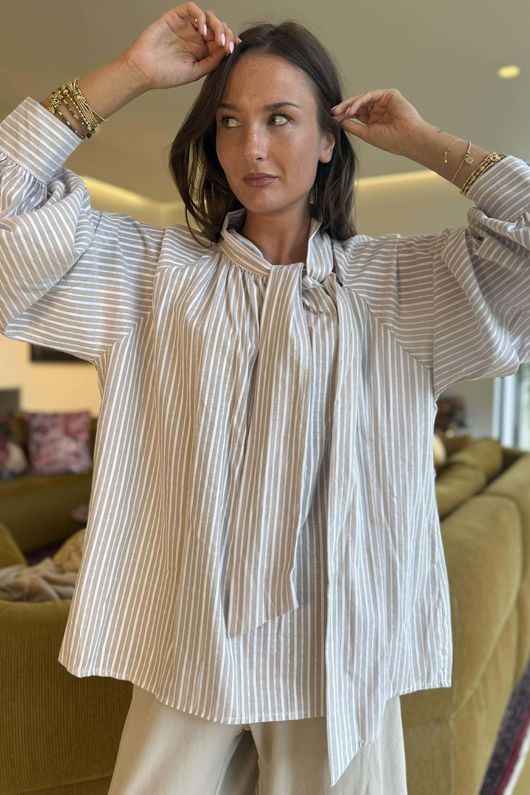 Nantucket Stripe Tie Neck Blouse Stone